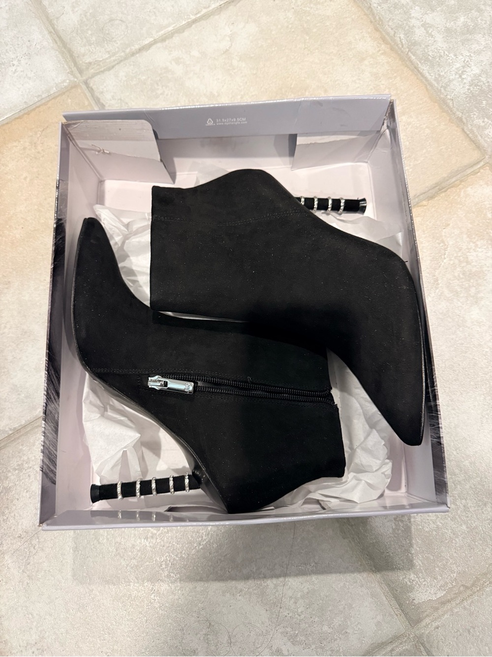 Jennifer Lopez Black Suede Ankle Booties with Striped Decorative Heel